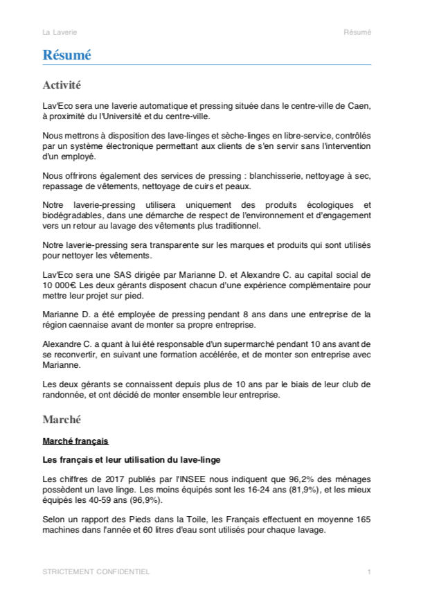 executive summary du modèle de business plan de lavomatique et pressing