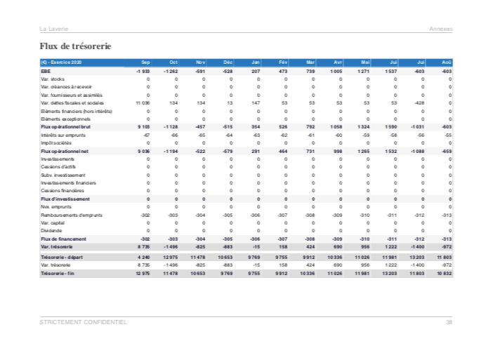 Prévisionnel de trésorerie mensuel du modèle de business plan de laverie automatique et pressing