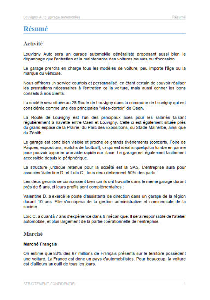 executive summary du modèle de business plan de garage auto