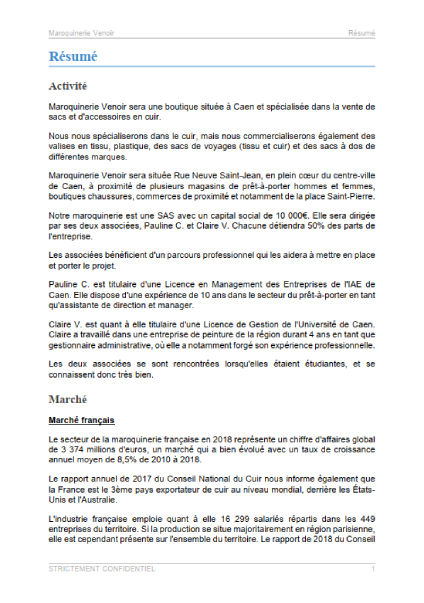 executive summary du modèle de business plan de maroquinerie