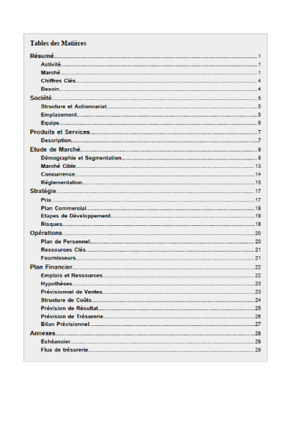 table des matières de l'exemple de business plan de sandwicherie
