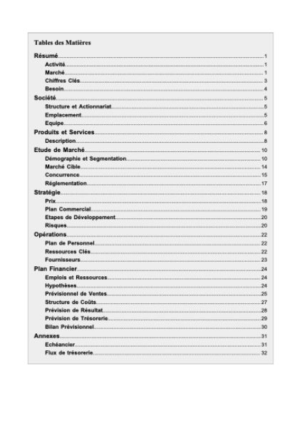 table des matières du modèle de business plan de fleuriste